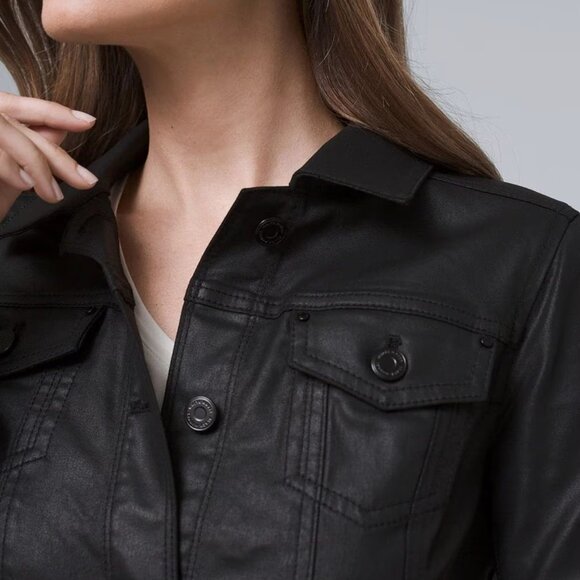 White House Black Market Cropped Coated Denim Jacket Black Size 8 - Picture 2 of 5